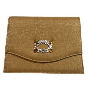 JADE SHOES ENVELOPE STYLE JEWELED CLUTCH CROSSBODY BAG METALLIC HARVEST GOLD